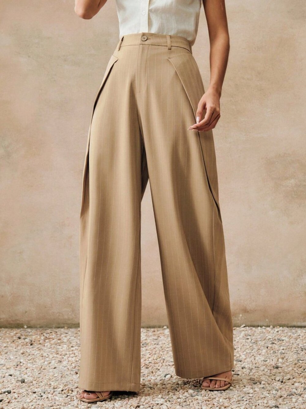 Khaki Casual Women's Striped Suit Pants - Picture 5 of 6